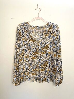 Daniel Rainn XL Women's White Paisley V-Neck Peasant Blouse Blue & Mustard Print